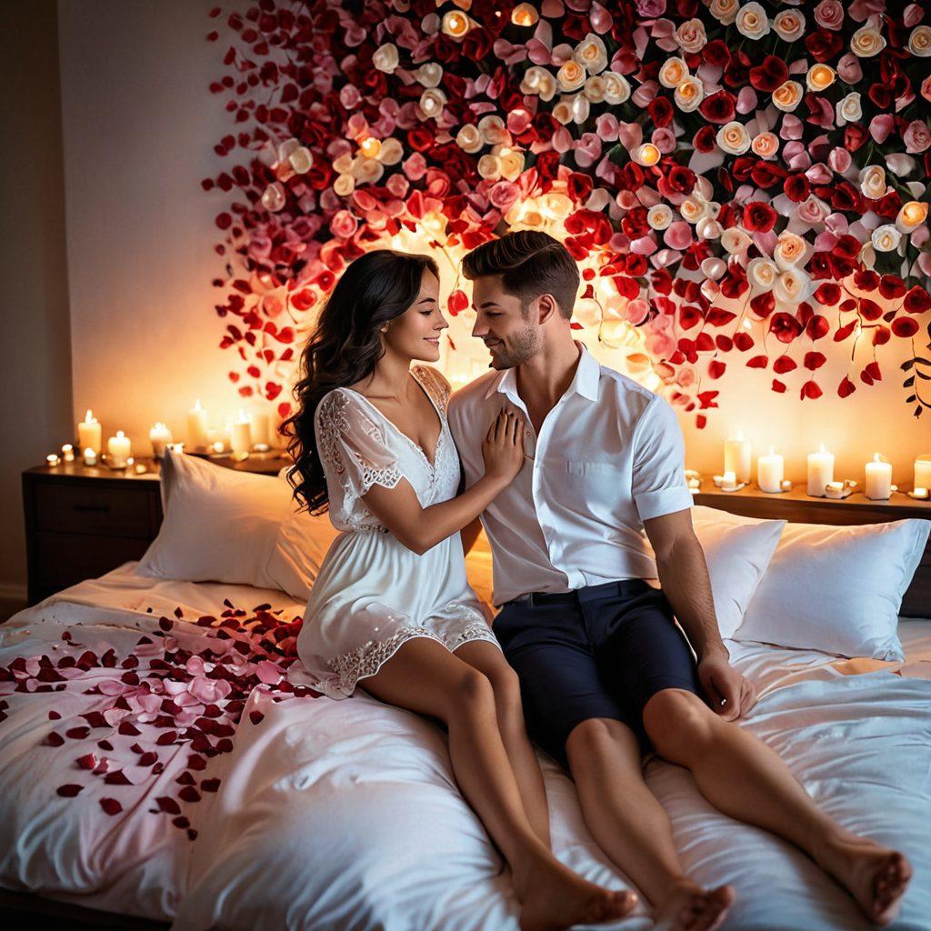 A dreamy, intimate scene featuring a couple in a soft, warm-lit bedroom, exploring affection by exchanging loving gestures, surrounded by romantic elements like candles and rose petals. The atmosphere is inviting and sensual, emphasizing connection and pleasure. The color palette includes soft pastels to enhance warmth and intimacy. super-realistic. soft lighting. vibrant colors.