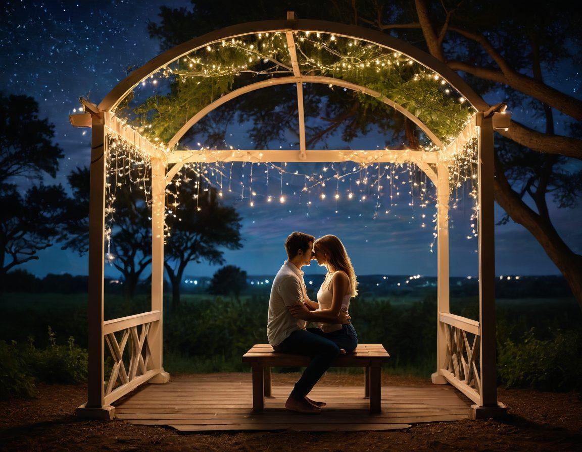 A couple intertwined in a warm embrace under a canopy of stars, symbolizing deep affection and intimacy. The scene includes soft, glowing heart-shaped lights floating around them, with a dreamy, romantic atmosphere. The background features silhouettes of trees and a serene night sky, adding to the tranquil vibe. The couple is depicted smiling, representing joy and connection. soft focus, romantic lighting, super-realistic, vibrant colors.
