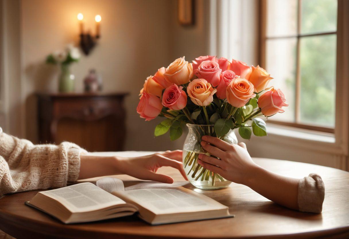 A warm and inviting scene of a couple sitting in a cozy room, sharing a tender moment with soft, glowing light illuminating their faces. Include elements that symbolize affection, like intertwined hands and a small vase of roses on a nearby table. The background should reflect a tranquil atmosphere with gentle hues, suggesting warmth and intimacy. super-realistic. warm colors. soft focus.